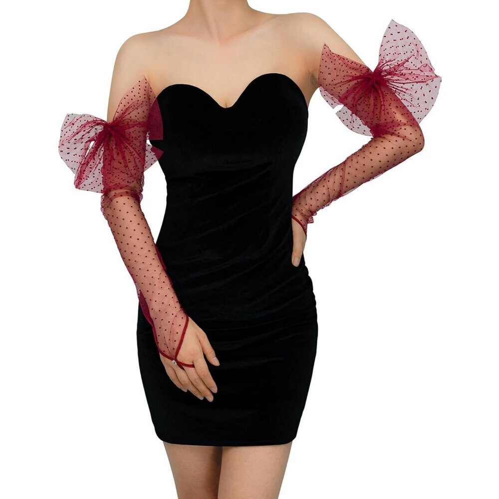 Women's Fingerless Red Long Bow Polka Dot Lace Gloves Sheer Party Accessories